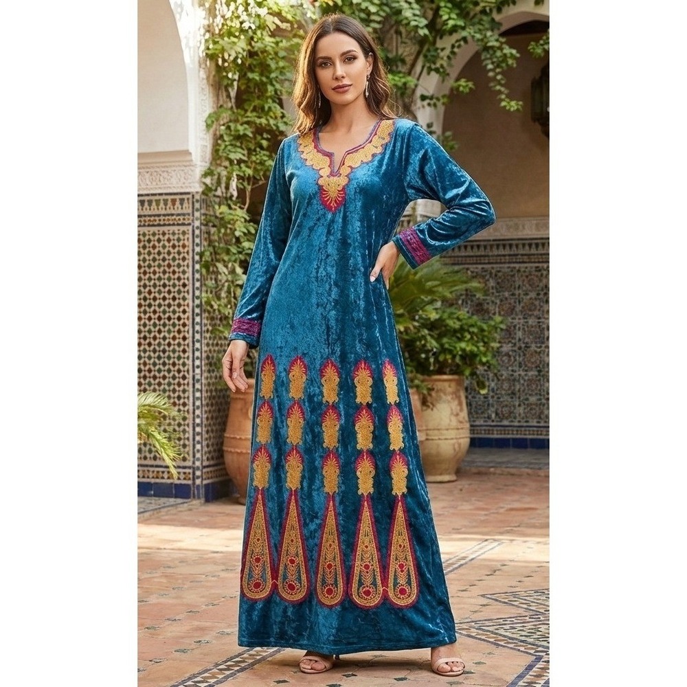 Willow Ridge Maxi Dress Womens 14 Embroidered Teal Velvet Kaftan Boho Long Slv‎